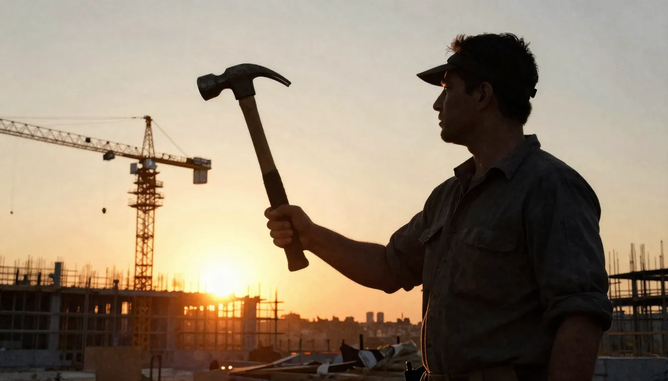 Watercolor style. Silhouette of a man holding a hammer again...