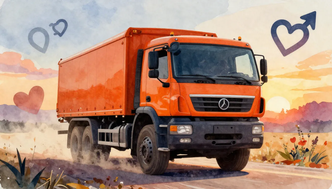 Watercolor style. A large orange Kamaz truck driving on a du...