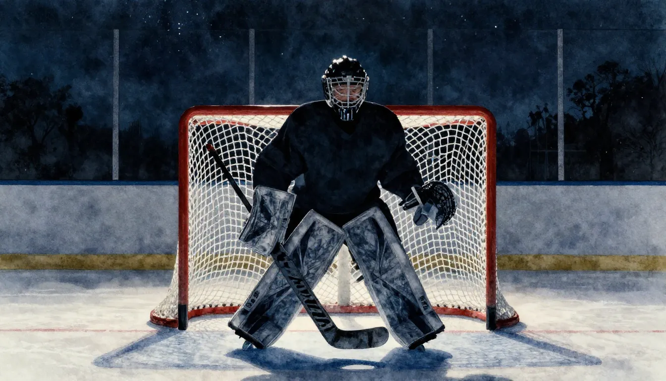 Watercolor style. A silhouette of an ice hockey goalie stand...