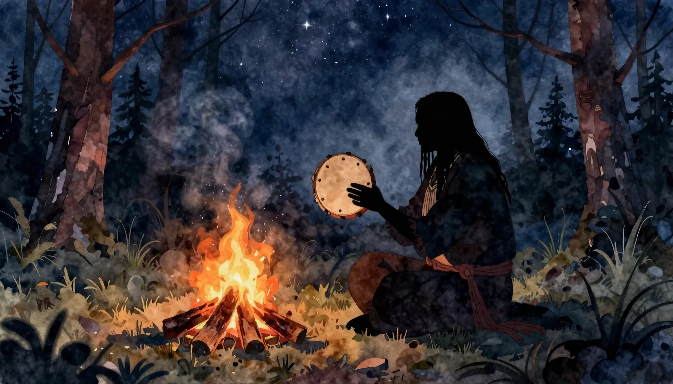 Watercolor style. A silhouette of a shaman sitting by a camp...