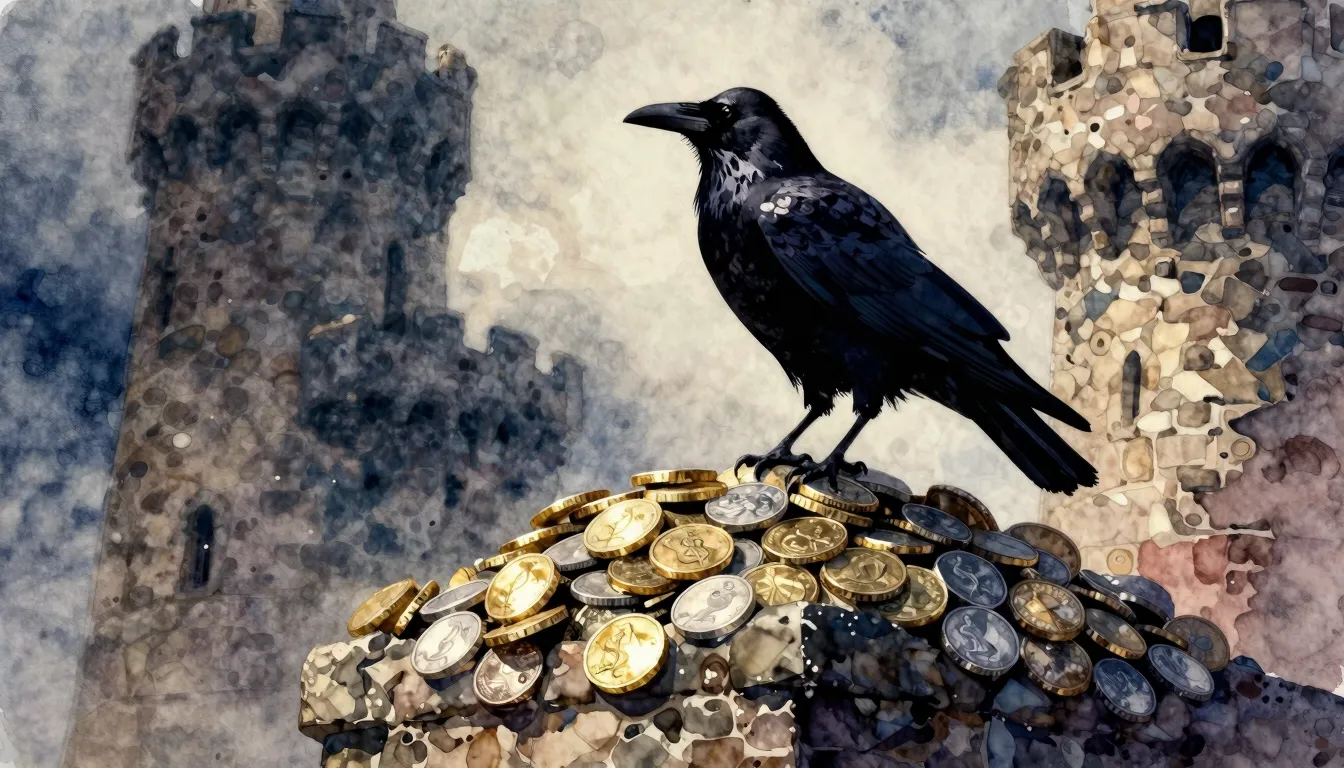 Vibrant watercolor style. A dark silhouette of a raven perch...