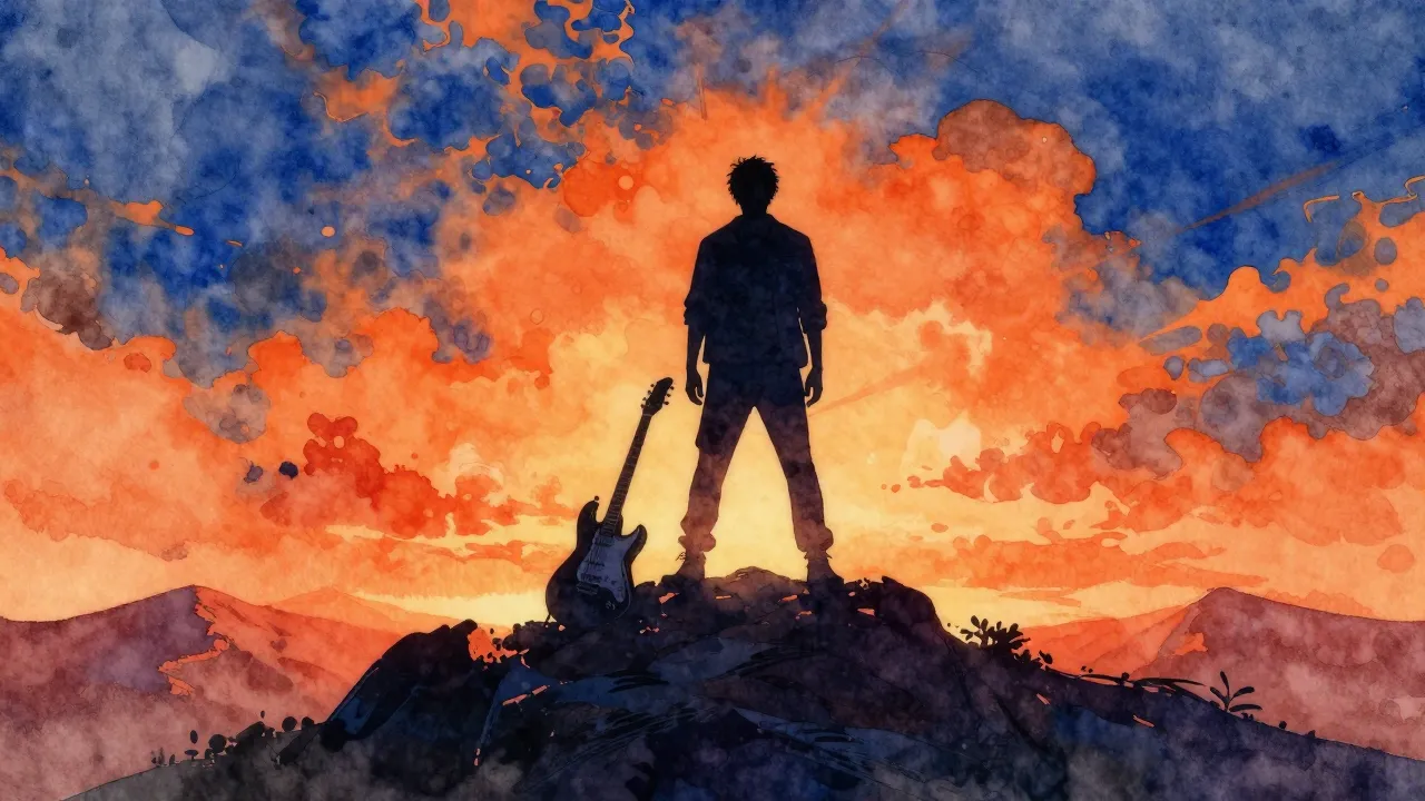 Vibrant watercolor style. Rock music album cover, a silhouet...