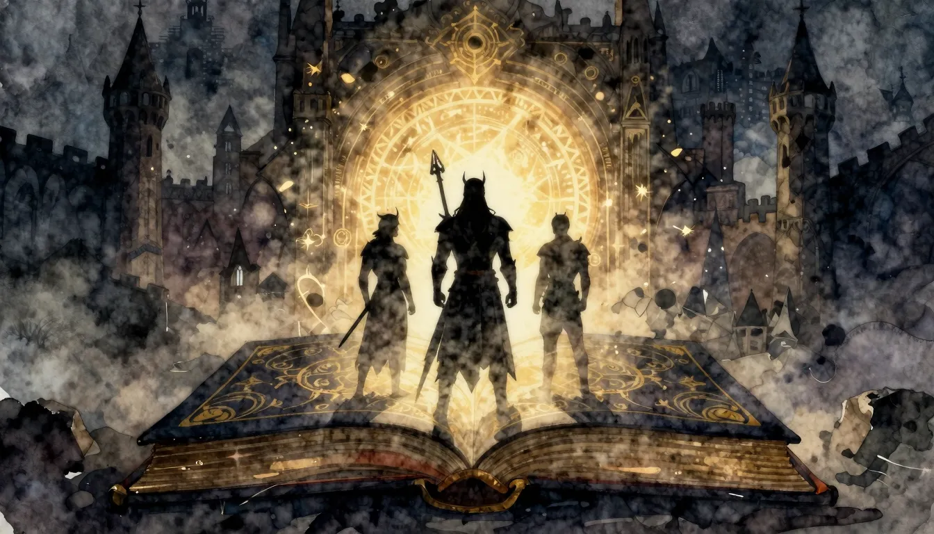Watercolor style. Silhouette of 3 heroes standing before a g...