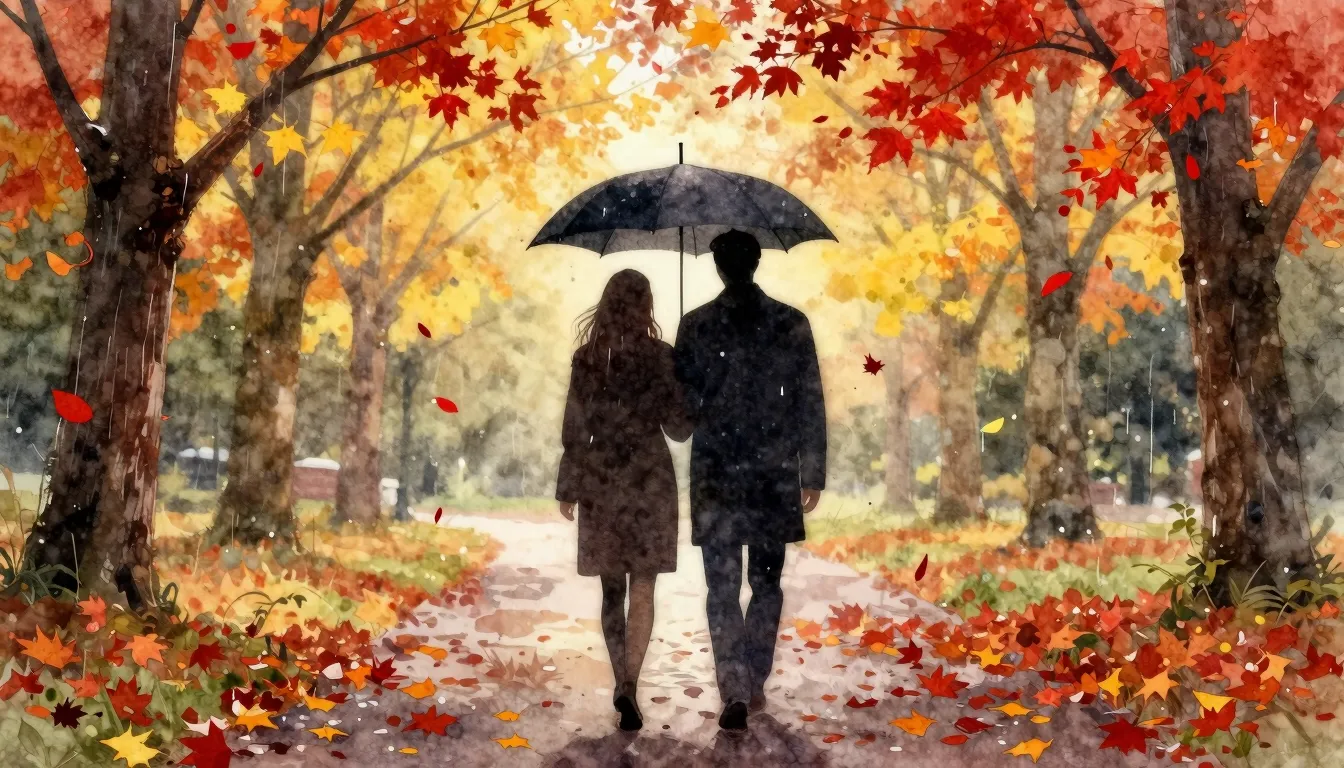 Watercolor style. A silhouette of a couple walking under an ...