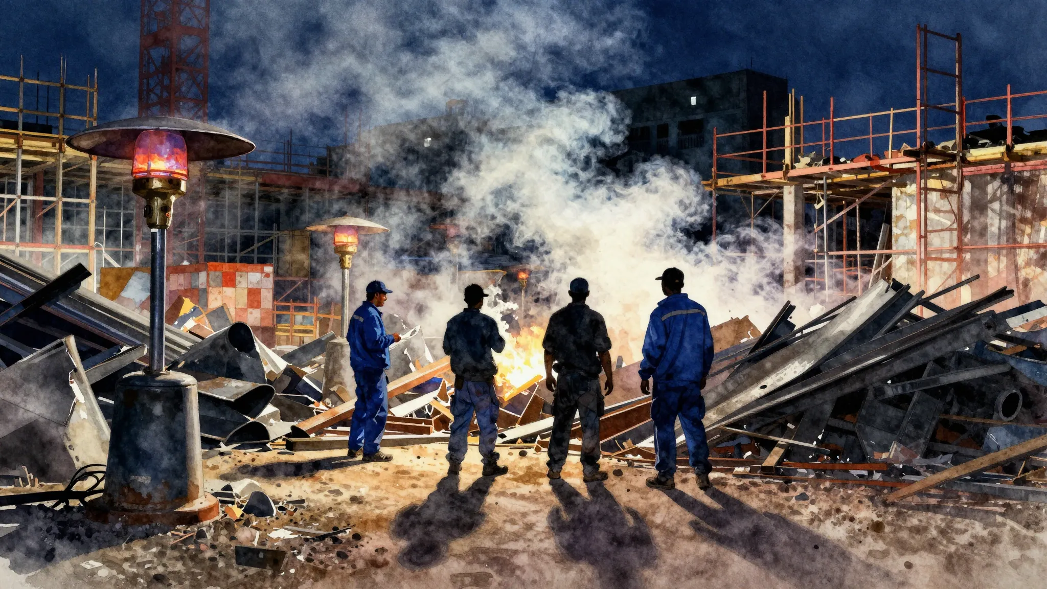 Vibrant watercolor style. Gritty urban construction site at ...