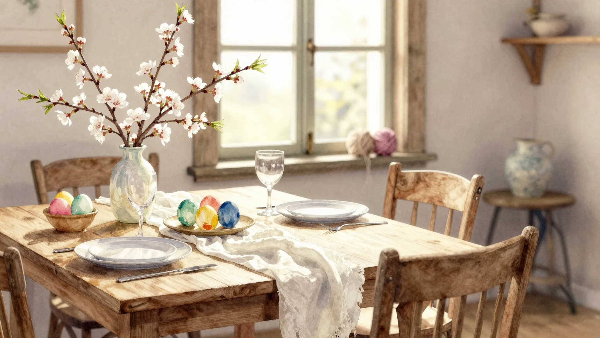 Watercolor style. A cozy rustic room with a table set for a ...