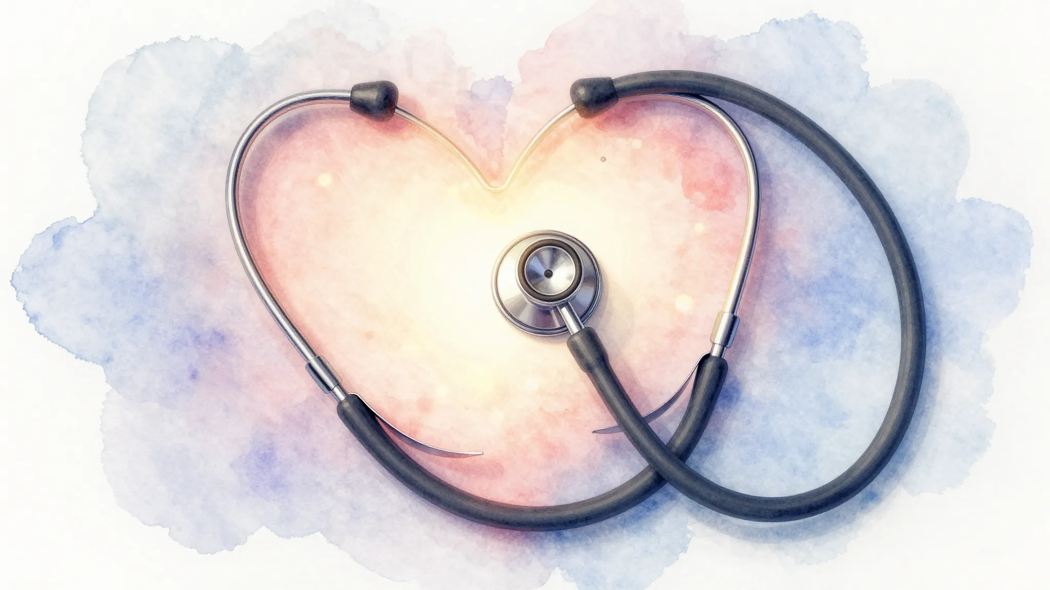 Vibrant watercolor style. A glowing stethoscope forming a he...
