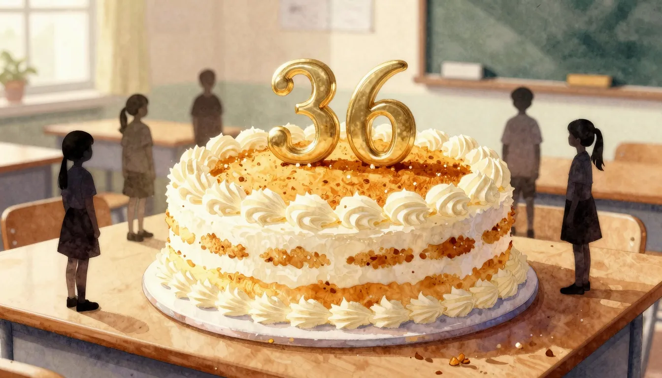 Watercolor style. A large delicious cake on a desk in a clas...