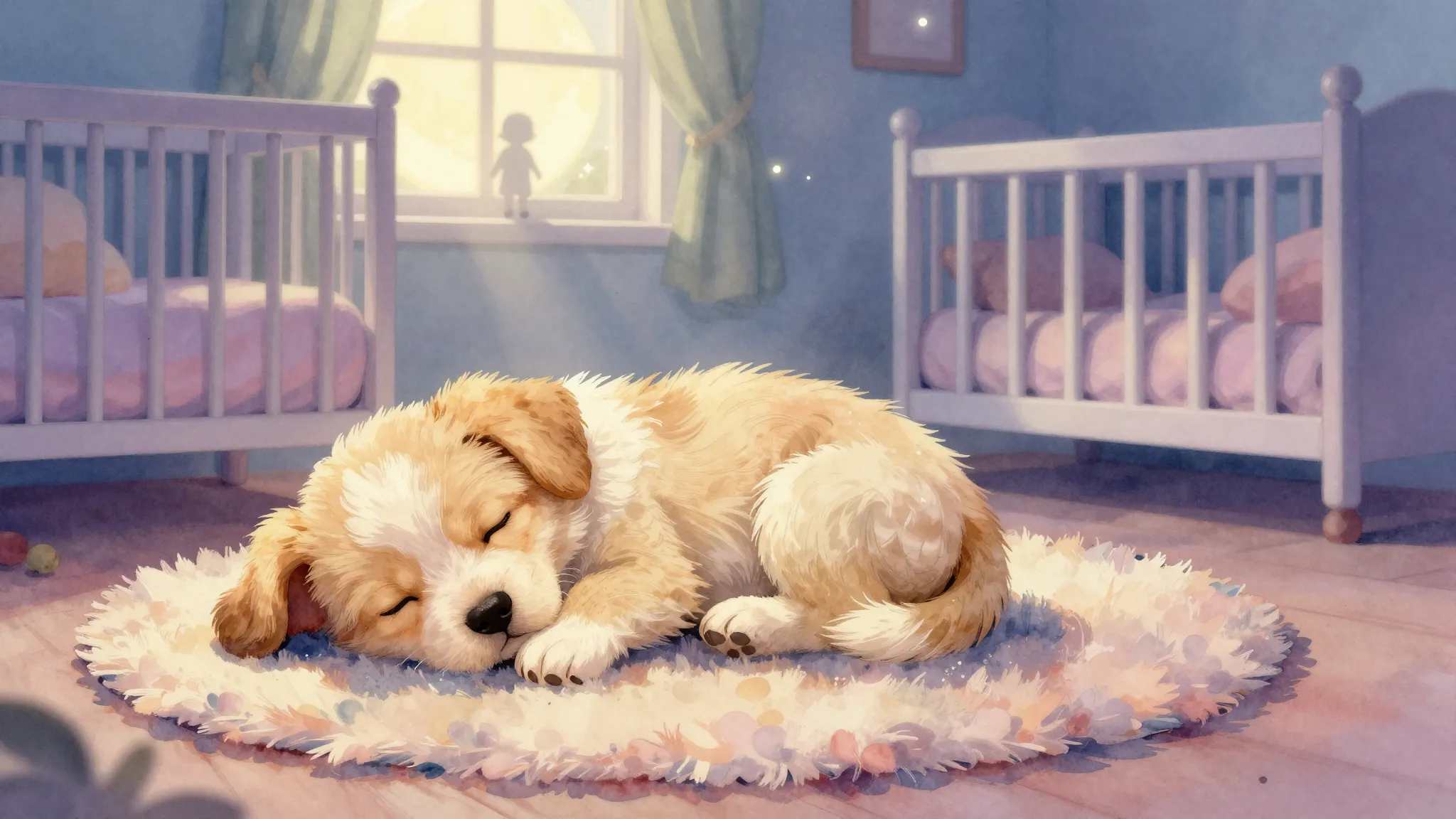 Vibrant watercolor style. A cozy, dreamy nursery illustratio...