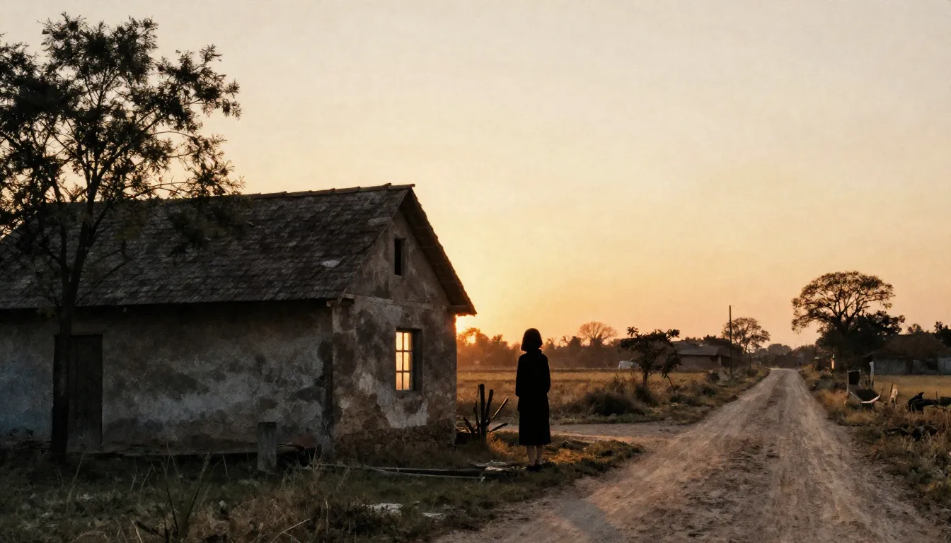 Watercolor style. Silhouette of an old rural house at sunset...