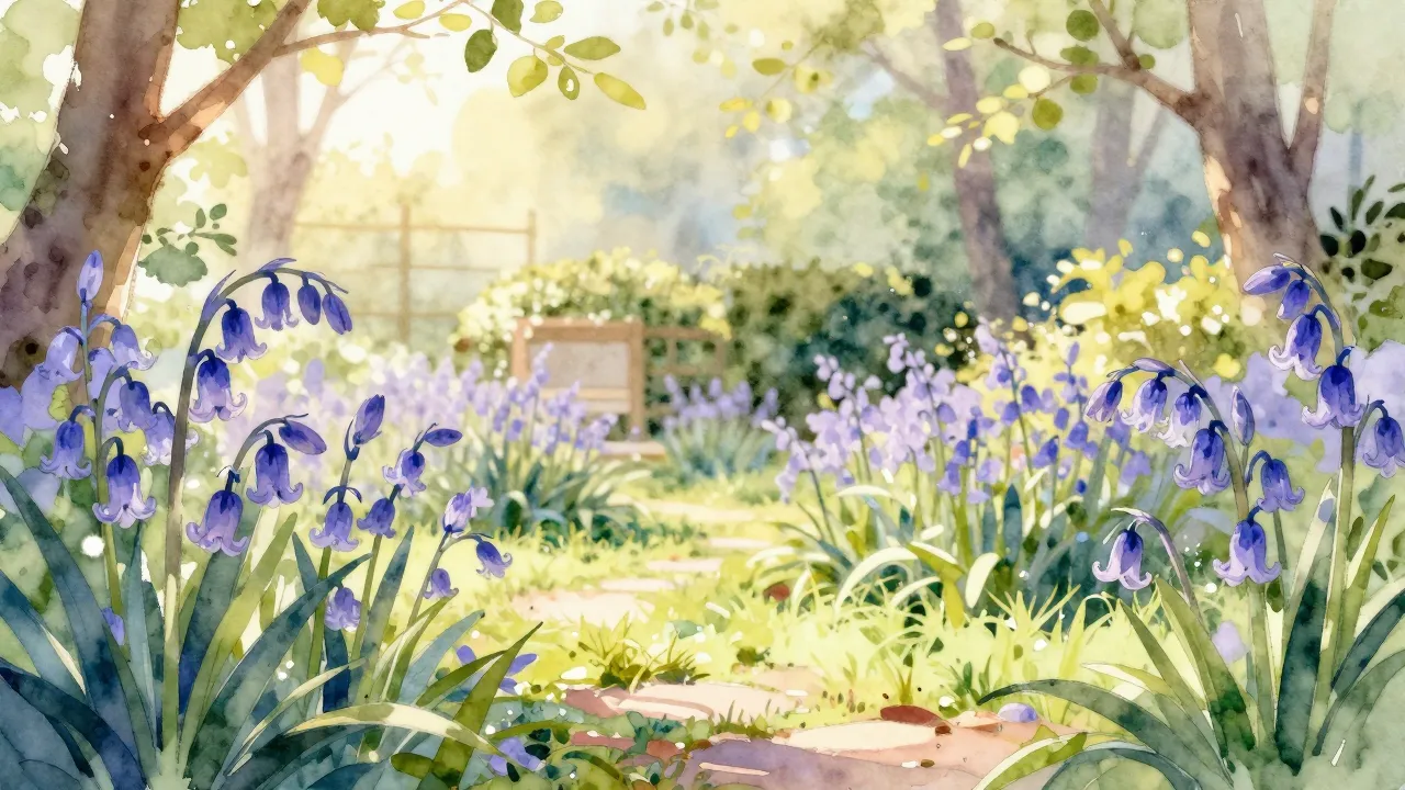 Vibrant watercolor style. A cozy, sunlit kindergarten garden...