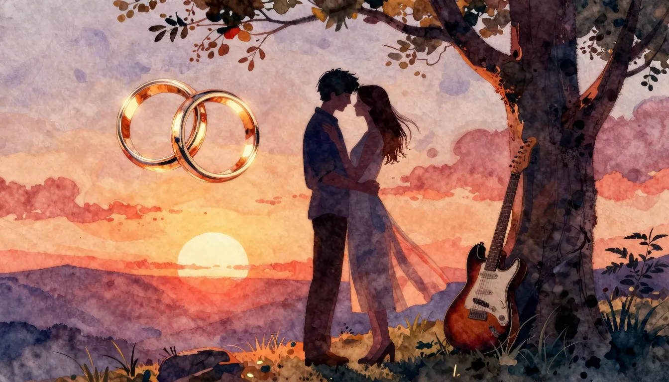 Vibrant watercolor style. Rock album cover, a romantic silho...