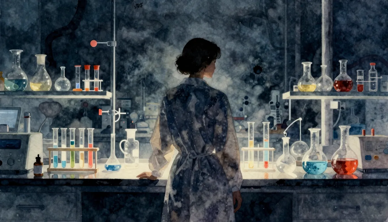 Watercolor style. Silhouette of a woman standing in a labora...
