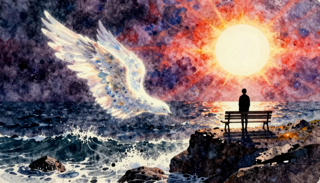Vibrant watercolor style. A surreal rock album cover, a glow...