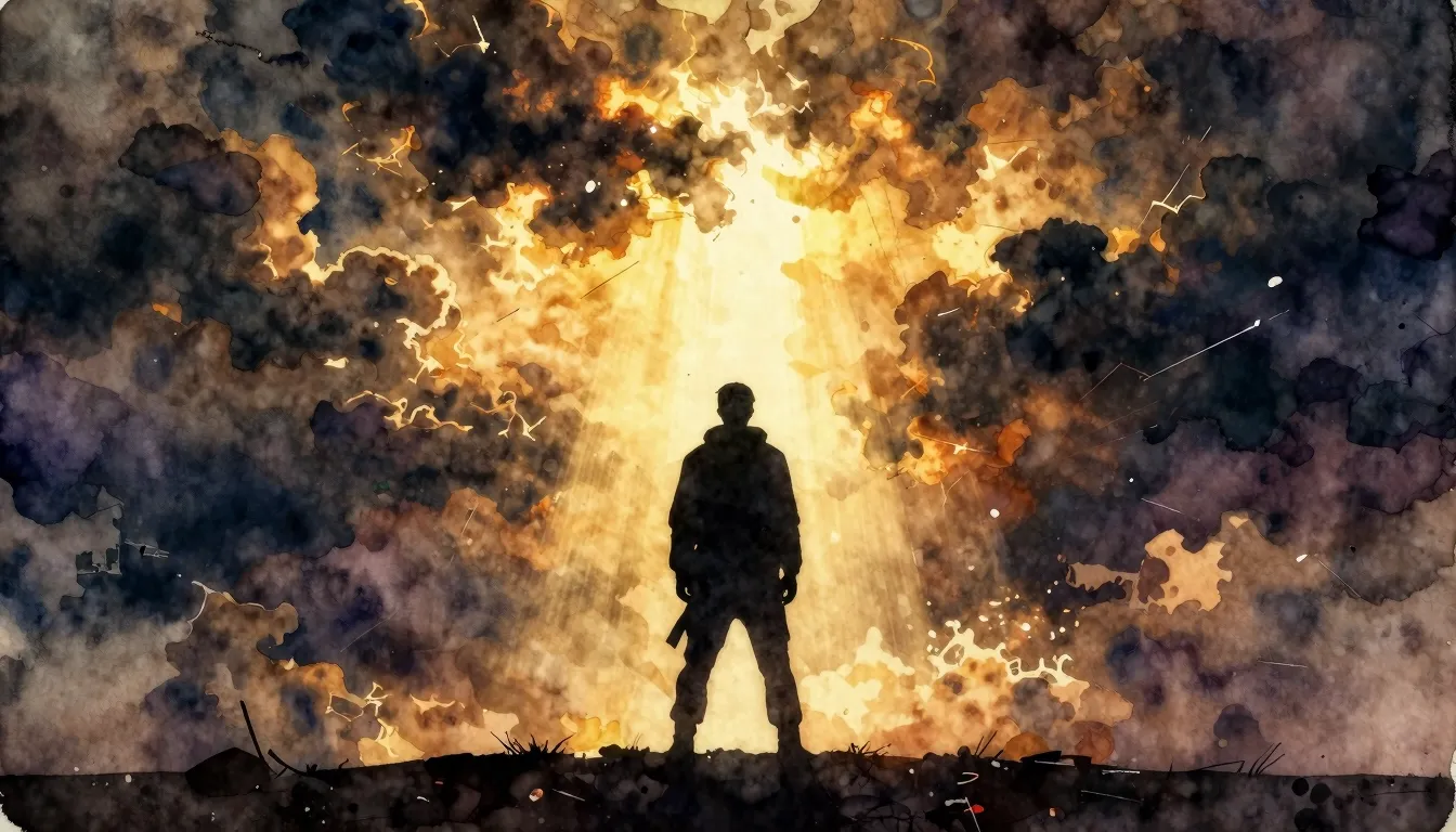 Vibrant watercolor style. A powerful, cinematic silhouette o...