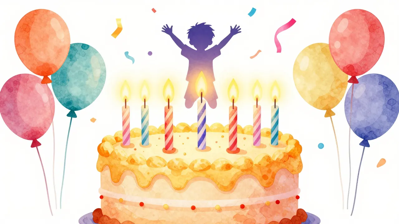 Watercolor style. A bright birthday cake with 9 glowing cand...