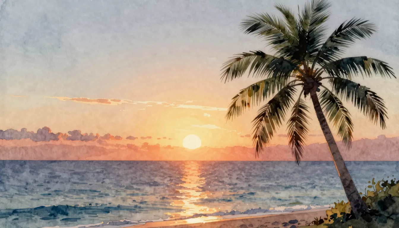 Watercolor style. A beautiful sunset over a calm ocean, silh...
