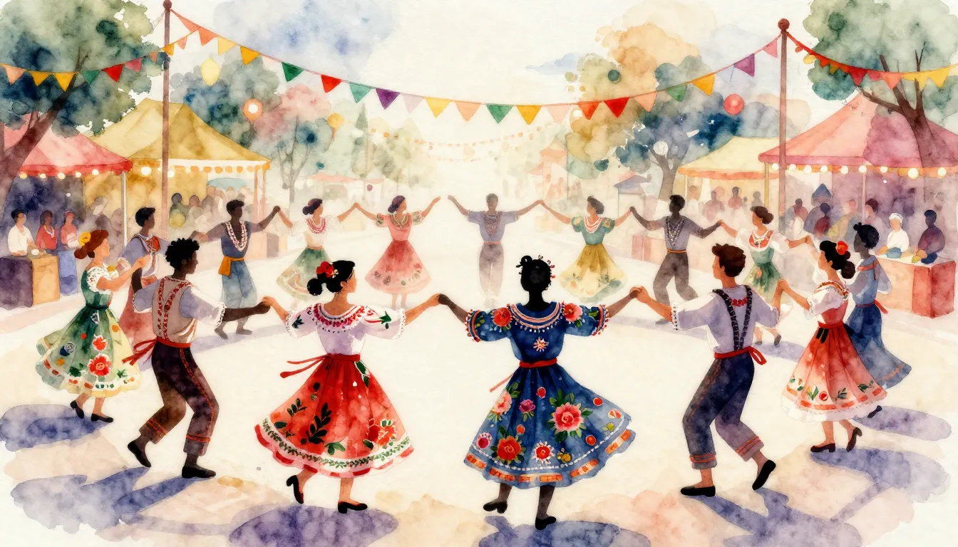 Watercolor style. A vibrant festival scene with silhouettes ...