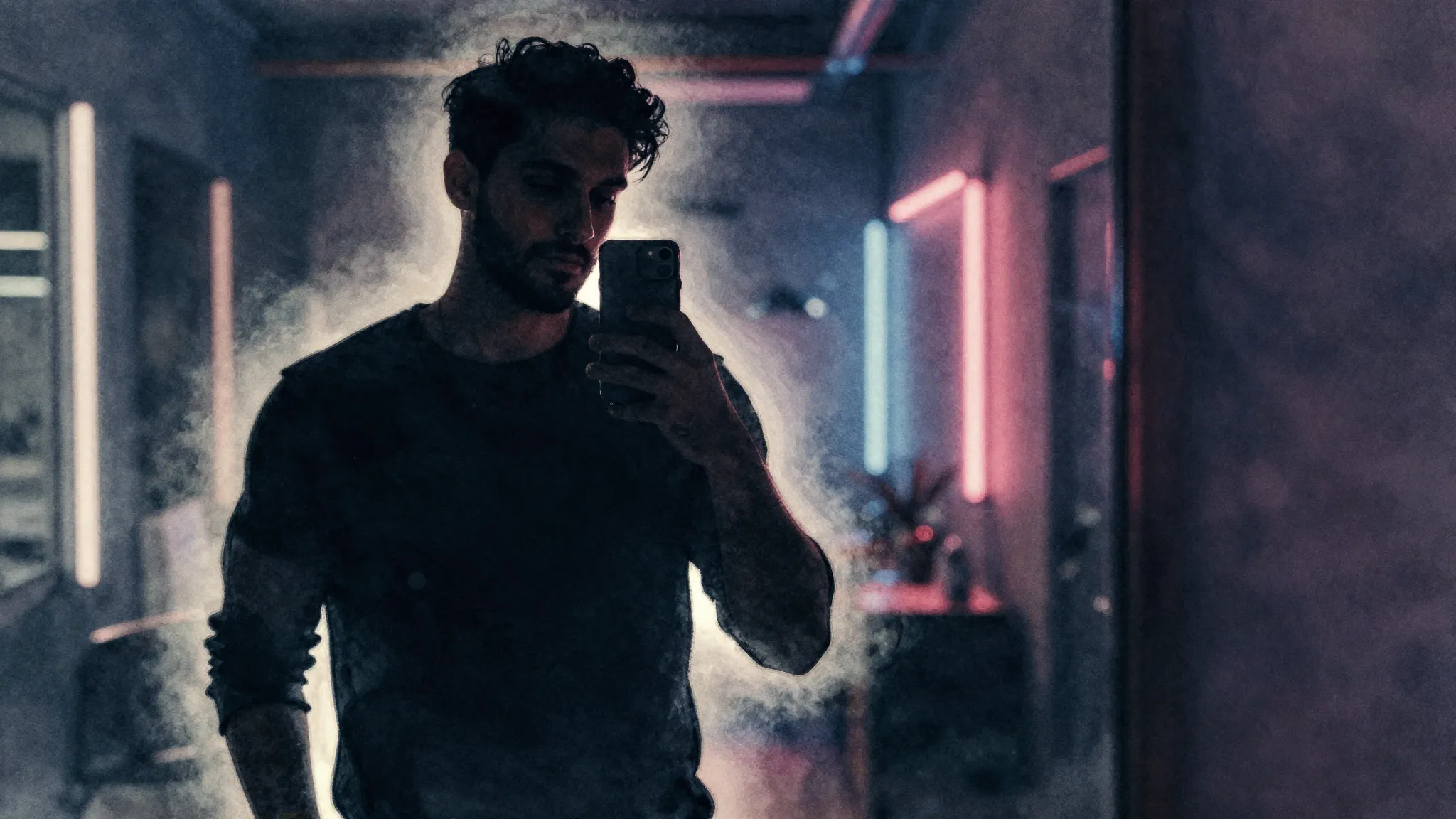 Watercolor style. Silhouette of a man taking a mirror selfie...