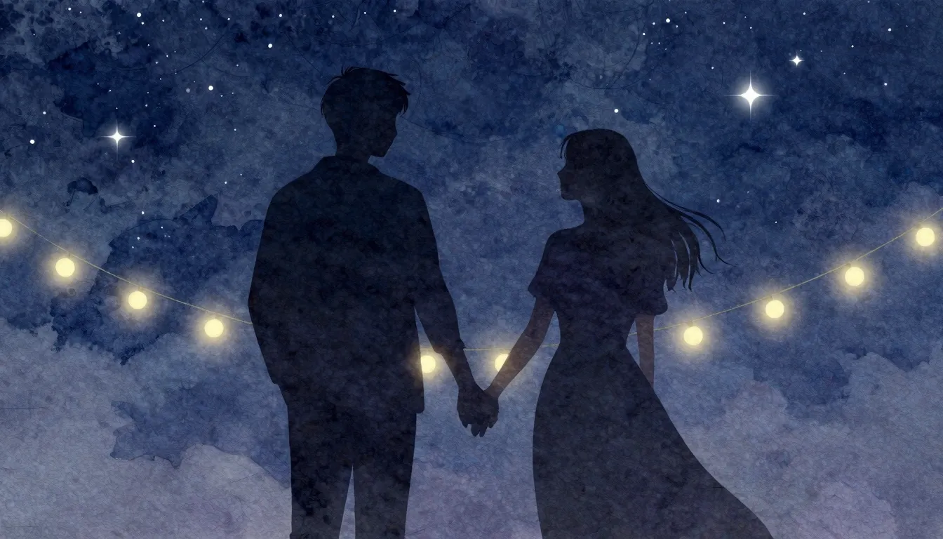 Watercolor style. A silhouette of two people holding hands u...