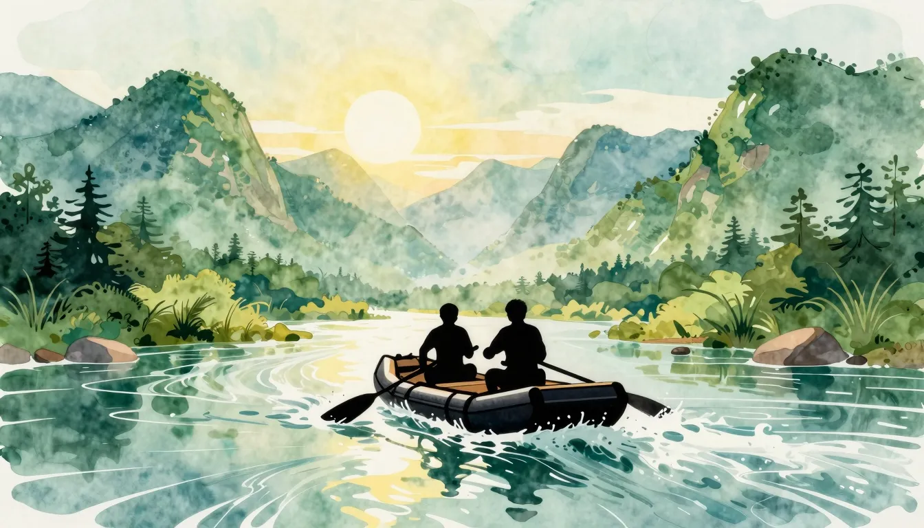 Watercolor style. A silhouette of a raft on a wild river, su...