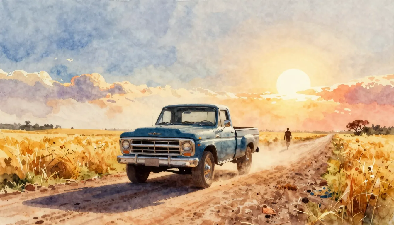 Vibrant watercolor style. A vintage pickup truck driving dow...