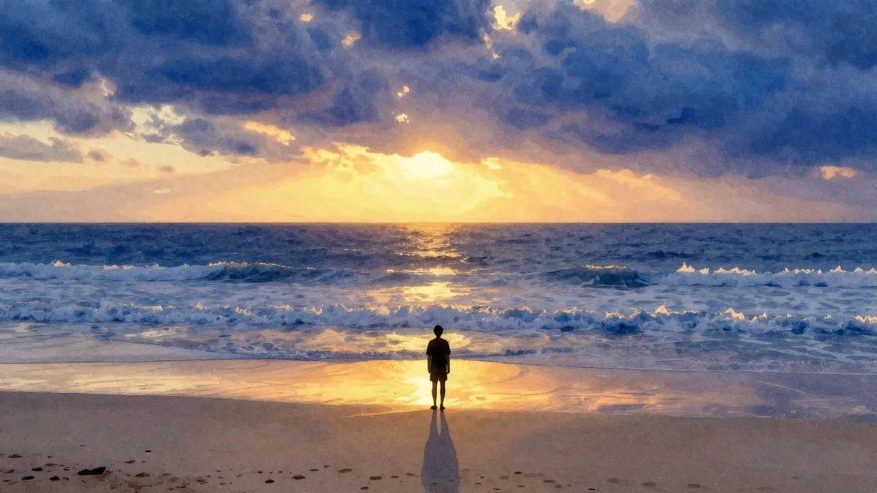 Vibrant watercolor style. A lonely silhouette standing on a ...