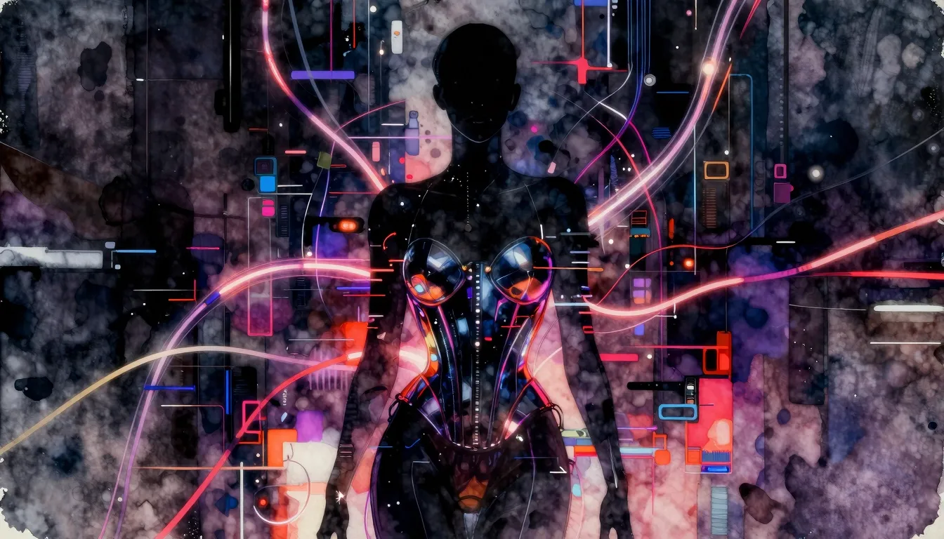 Vibrant watercolor style. Abstract IDM album cover, dark aes...