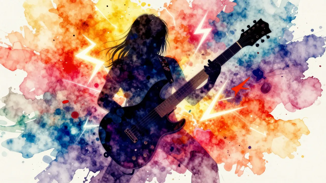 Vibrant watercolor style. A vibrant rock music album cover, ...