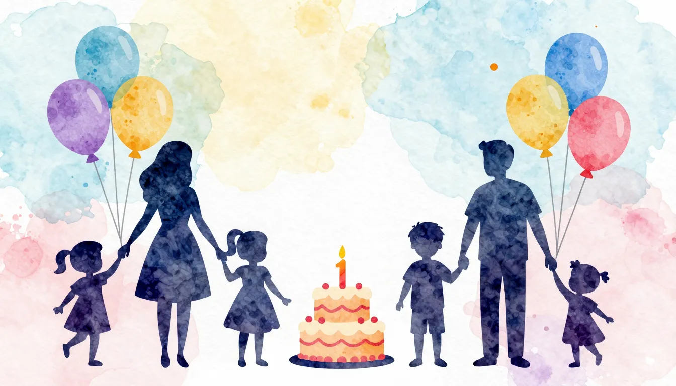 Watercolor style. Silhouette of a happy family celebrating a...