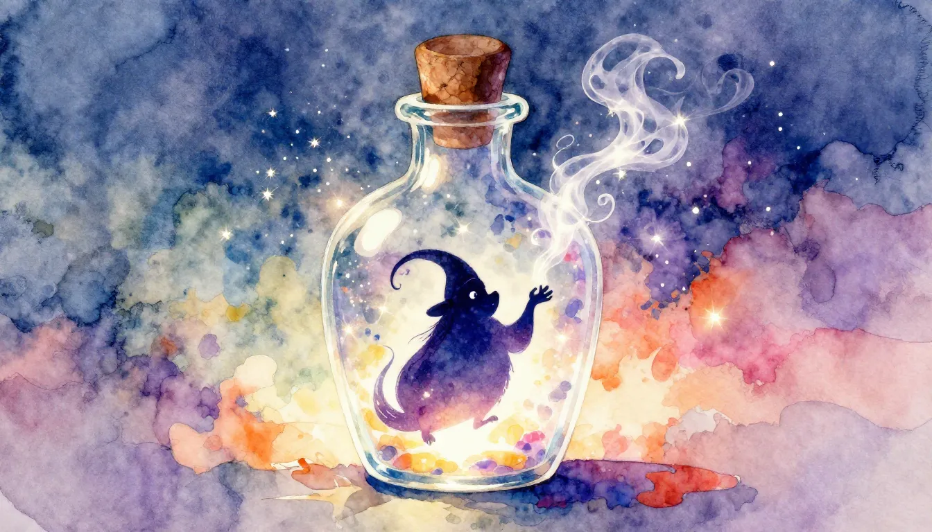 Vibrant watercolor style. A magical glowing bottle with a si...
