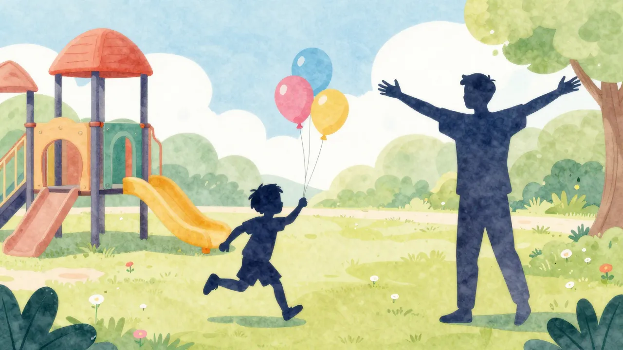 Watercolor style. A bright sunny playground with a silhouett...
