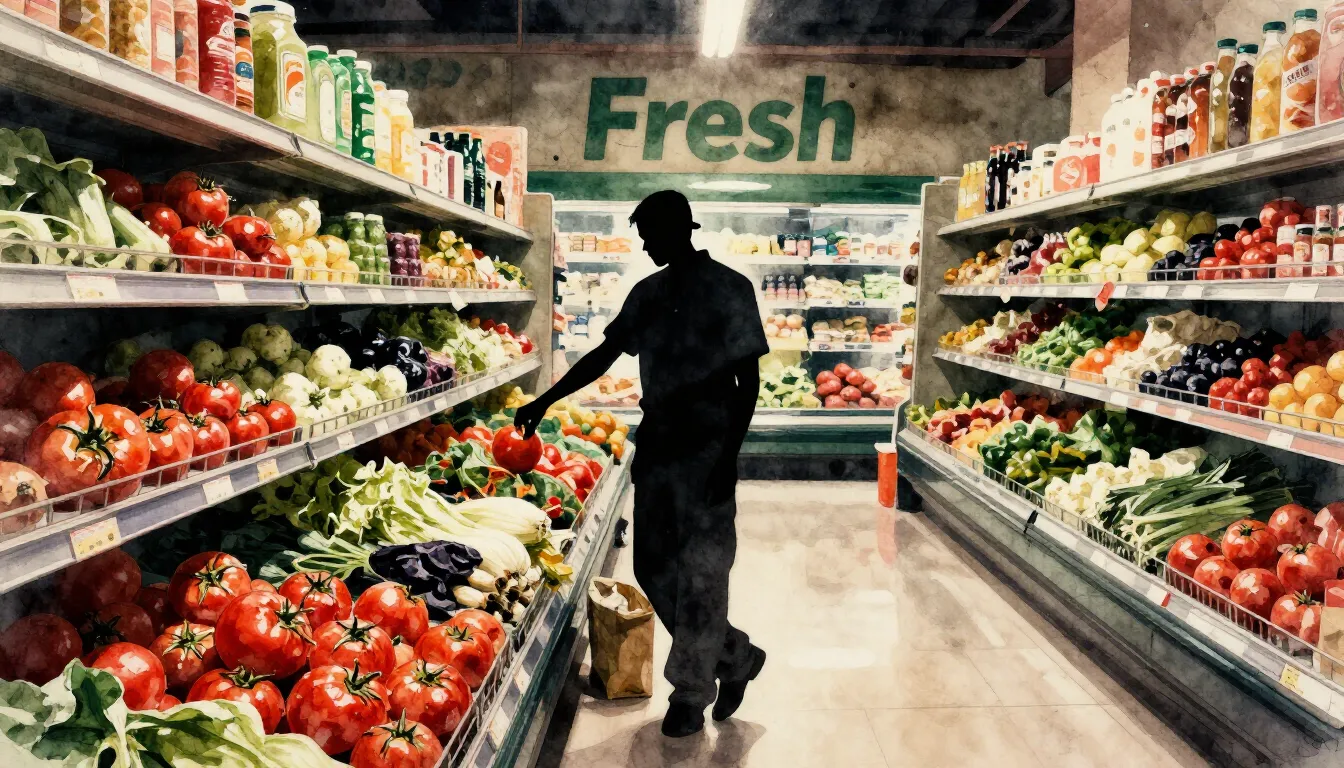 Vibrant watercolor style. A silhouette of a lazy grocery sto...