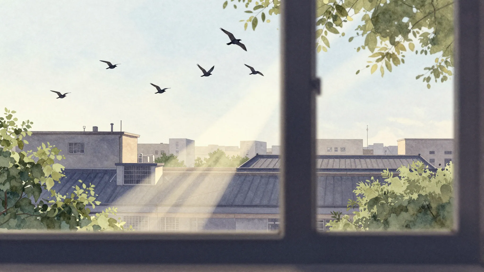 Watercolor style. A flock of birds flying in loops above cit...