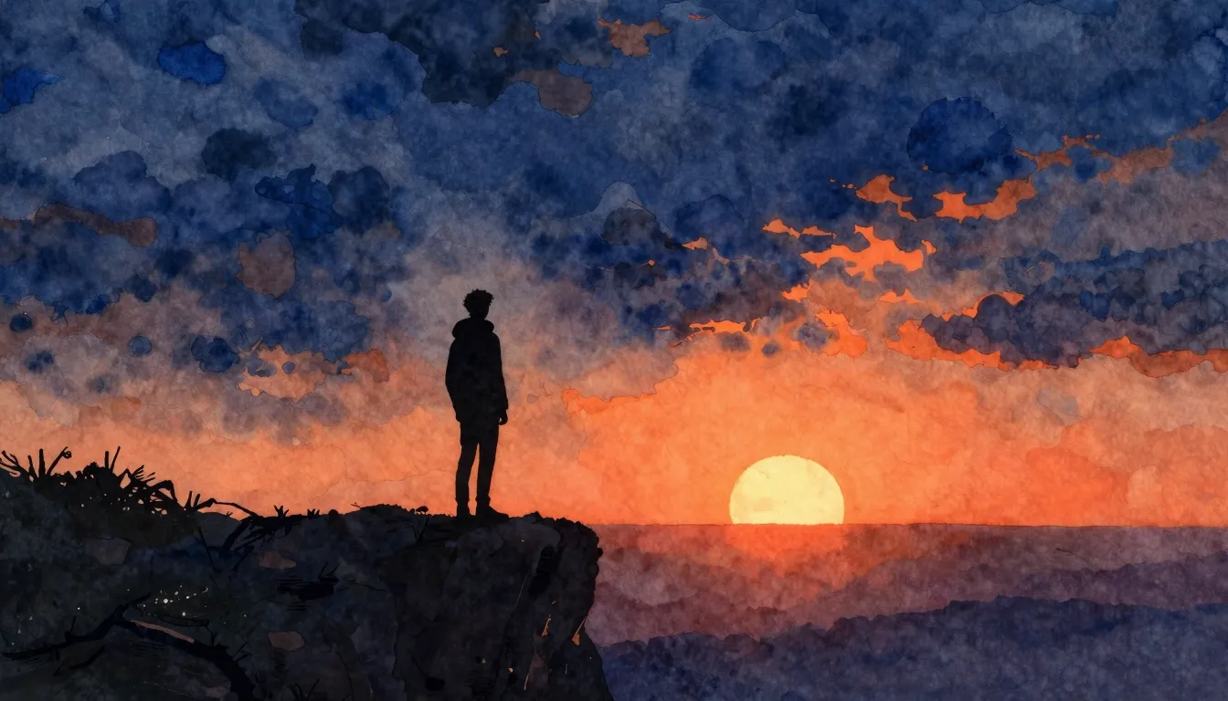 Vibrant watercolor style. A lonely silhouette standing on a ...