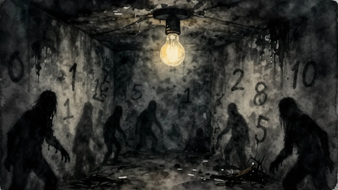 Watercolor style. A dark, eerie basement with a flickering l...