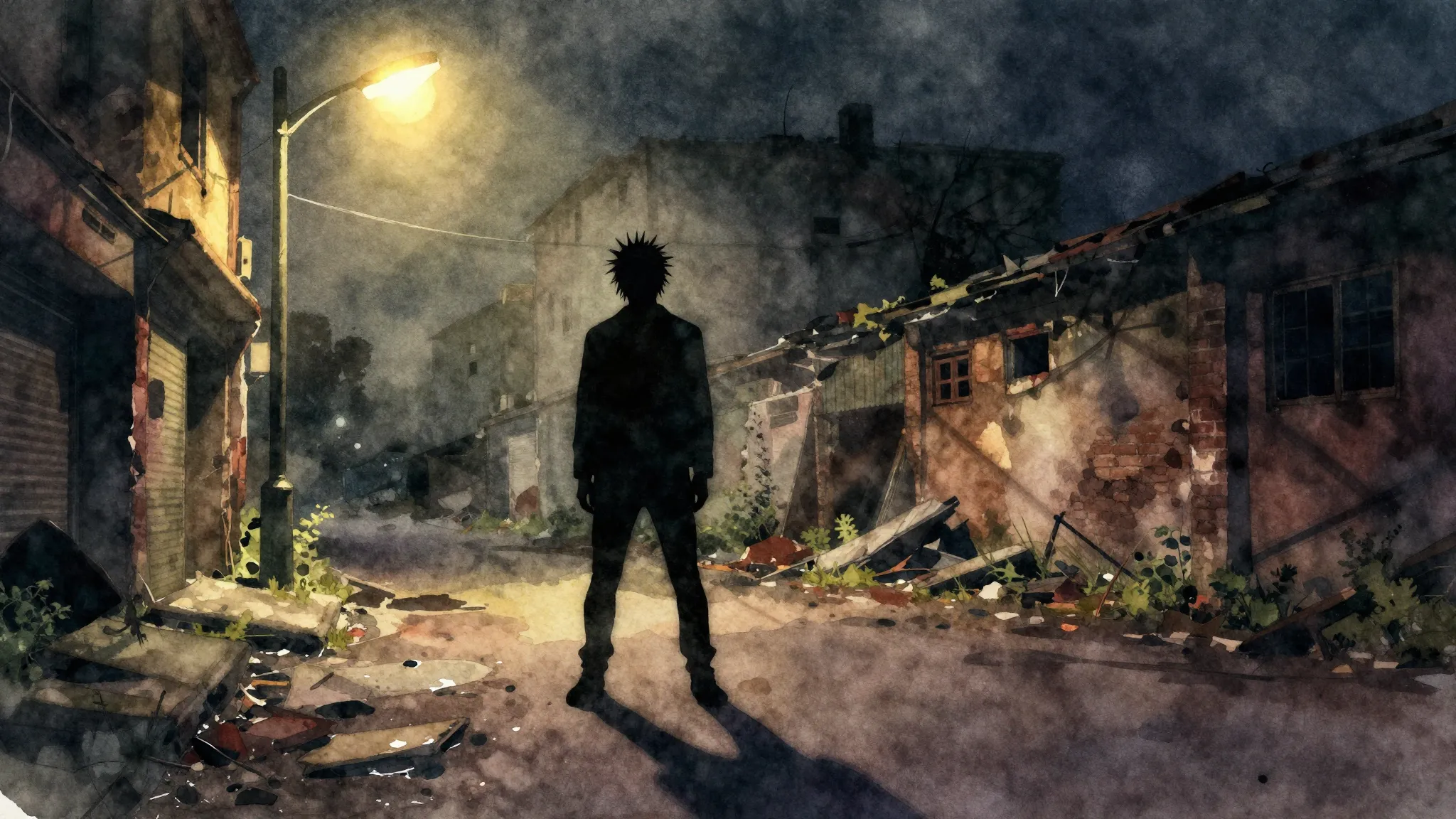 Vibrant watercolor style. Punk rock album cover, a lonely da...