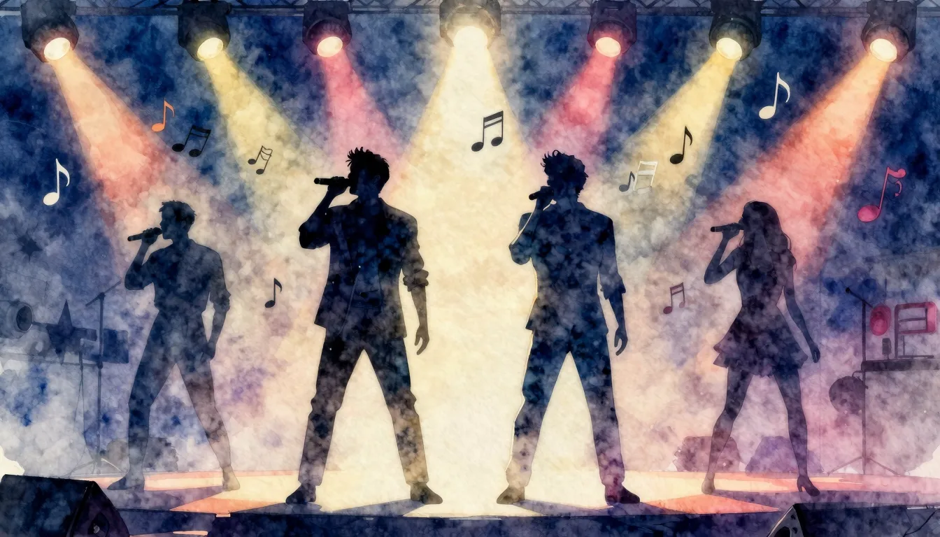 Watercolor style. Silhouettes of 4 singers on a brightly lit...