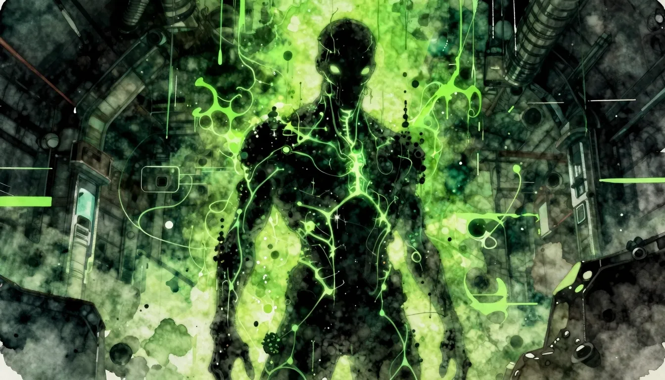 Vibrant watercolor style. Cyberpunk horror aesthetic, abstra...