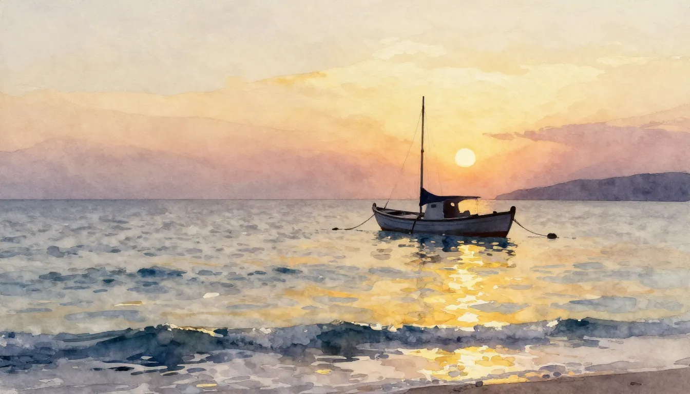 Watercolor style. A serene harbor at sunset, gentle waves re...