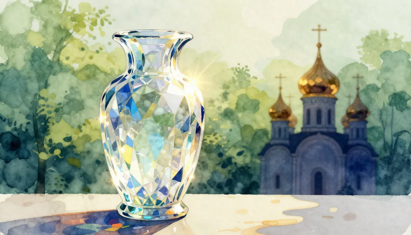 Watercolor style. A crystal vase glowing in the sunlight aga...