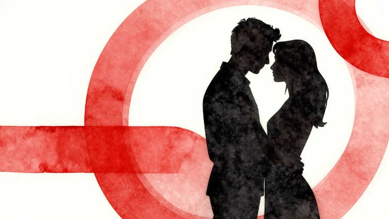 Watercolor style. Silhouette of a couple embracing against a...