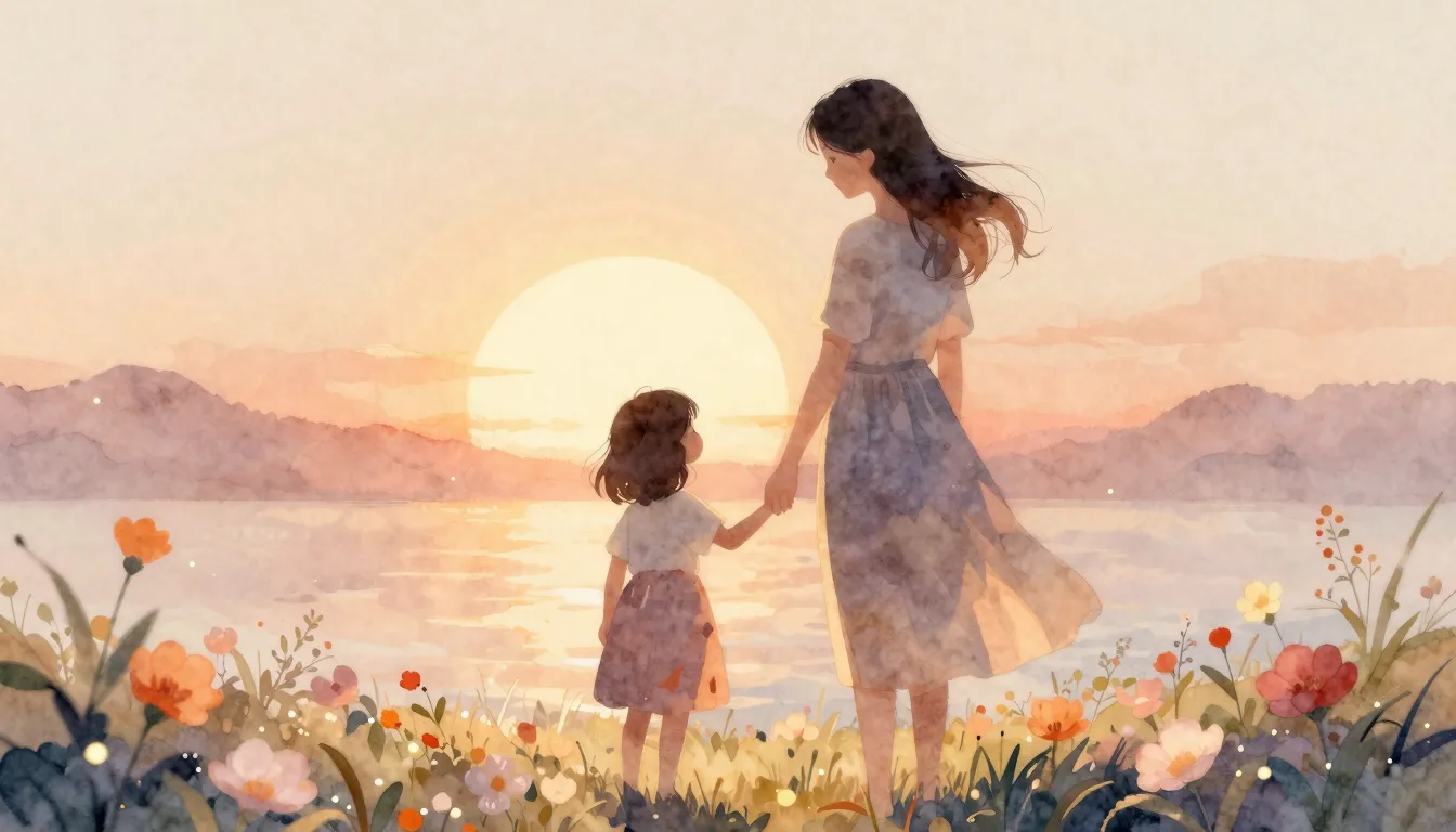 Watercolor style. A gentle silhouette of a mother and daught...