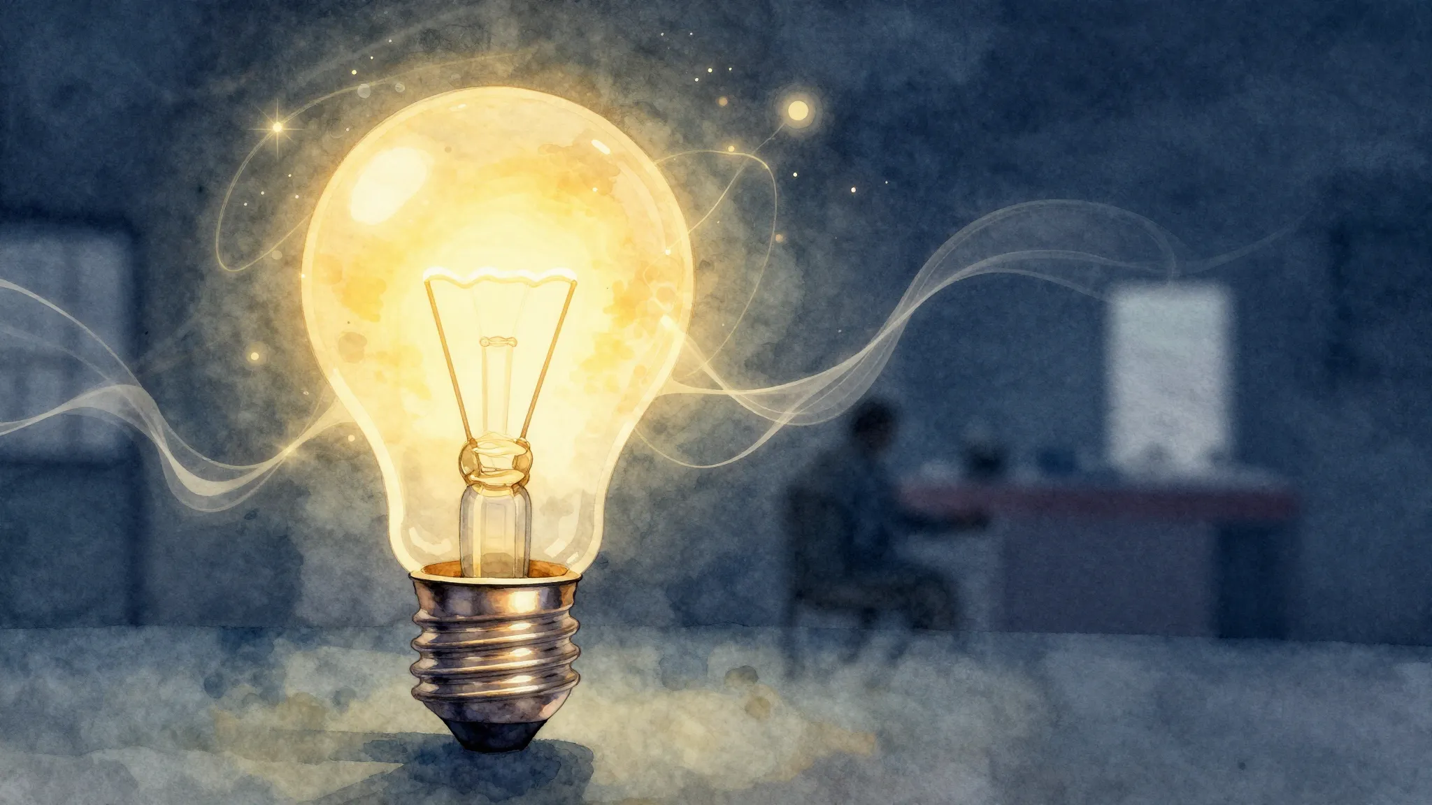 Watercolor style. A glowing light bulb surrounded by abstrac...