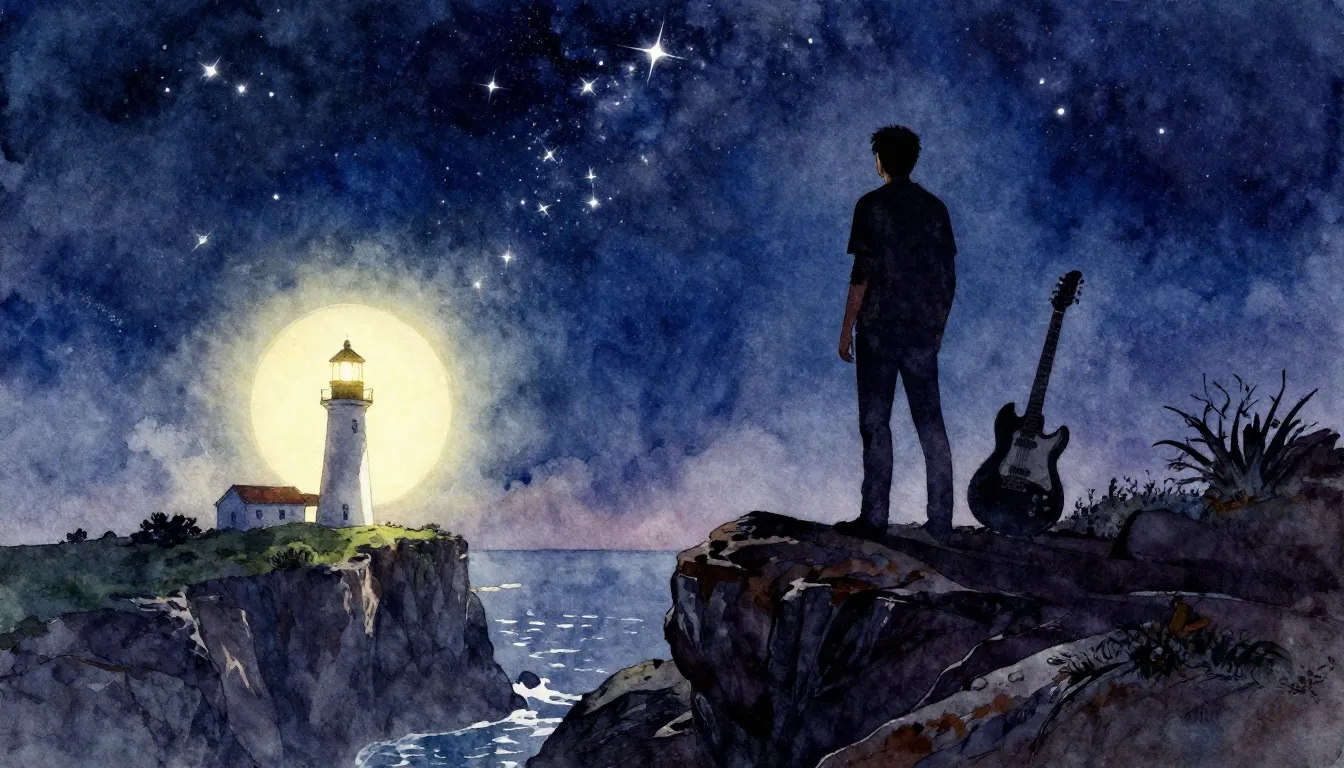 Vibrant watercolor style. Rock album cover, a dark silhouett...