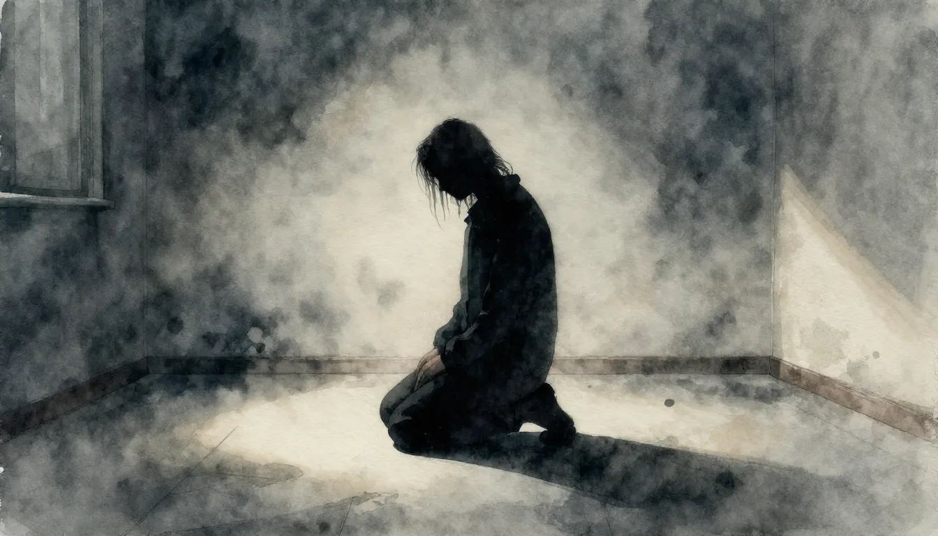 Watercolor style. A dark silhouette of a lonely figure on th...