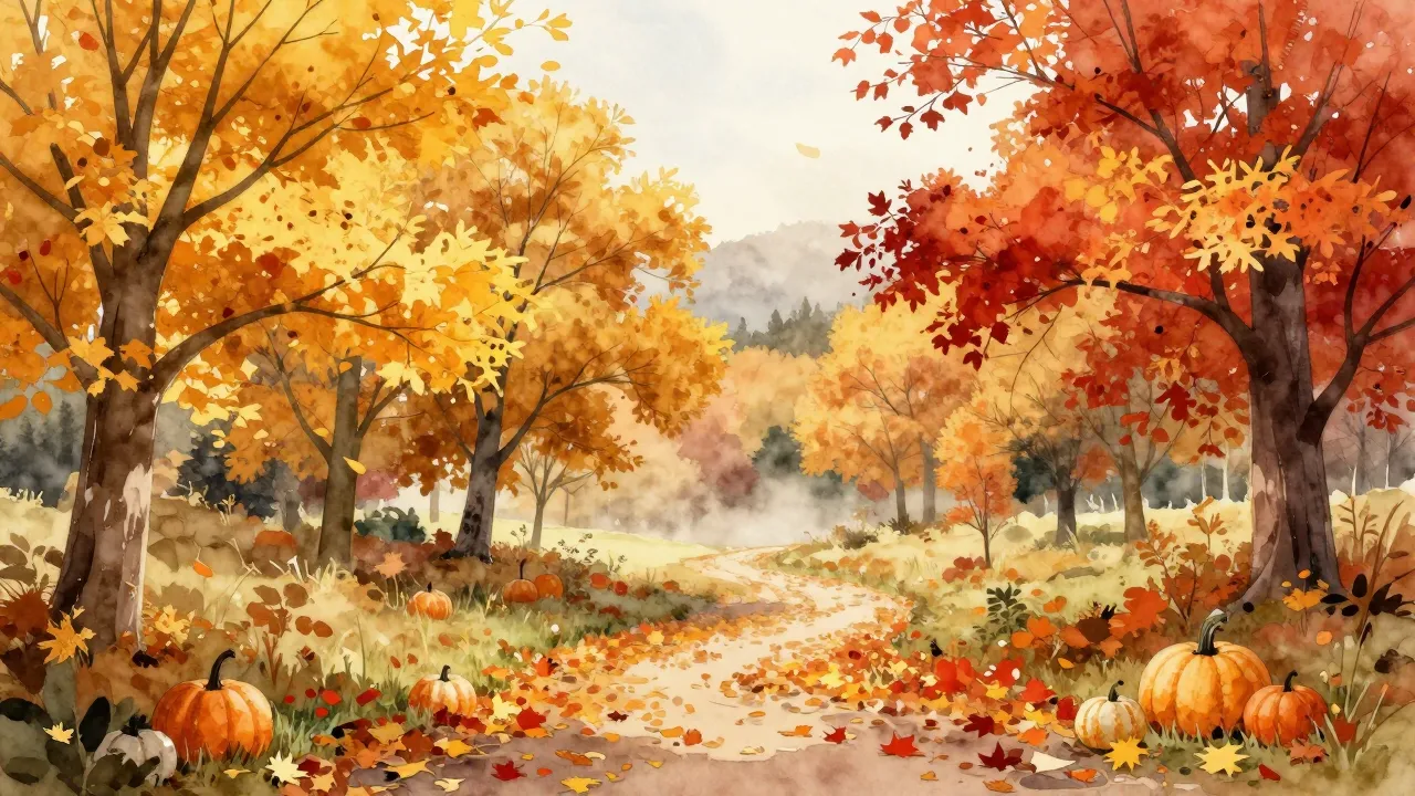 Watercolor style. A majestic autumn landscape with golden an...