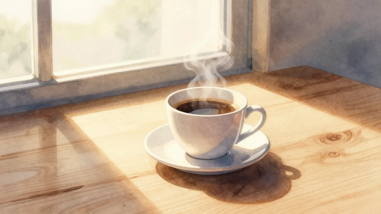 Watercolor style. A cozy morning scene, a cup of coffee on a...