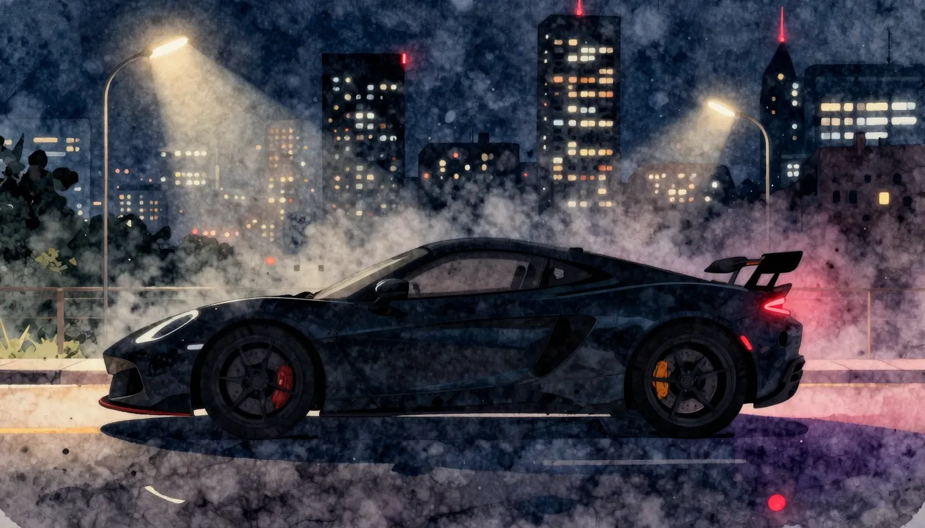 Watercolor style. Dark silhouette of a sports car under stre...