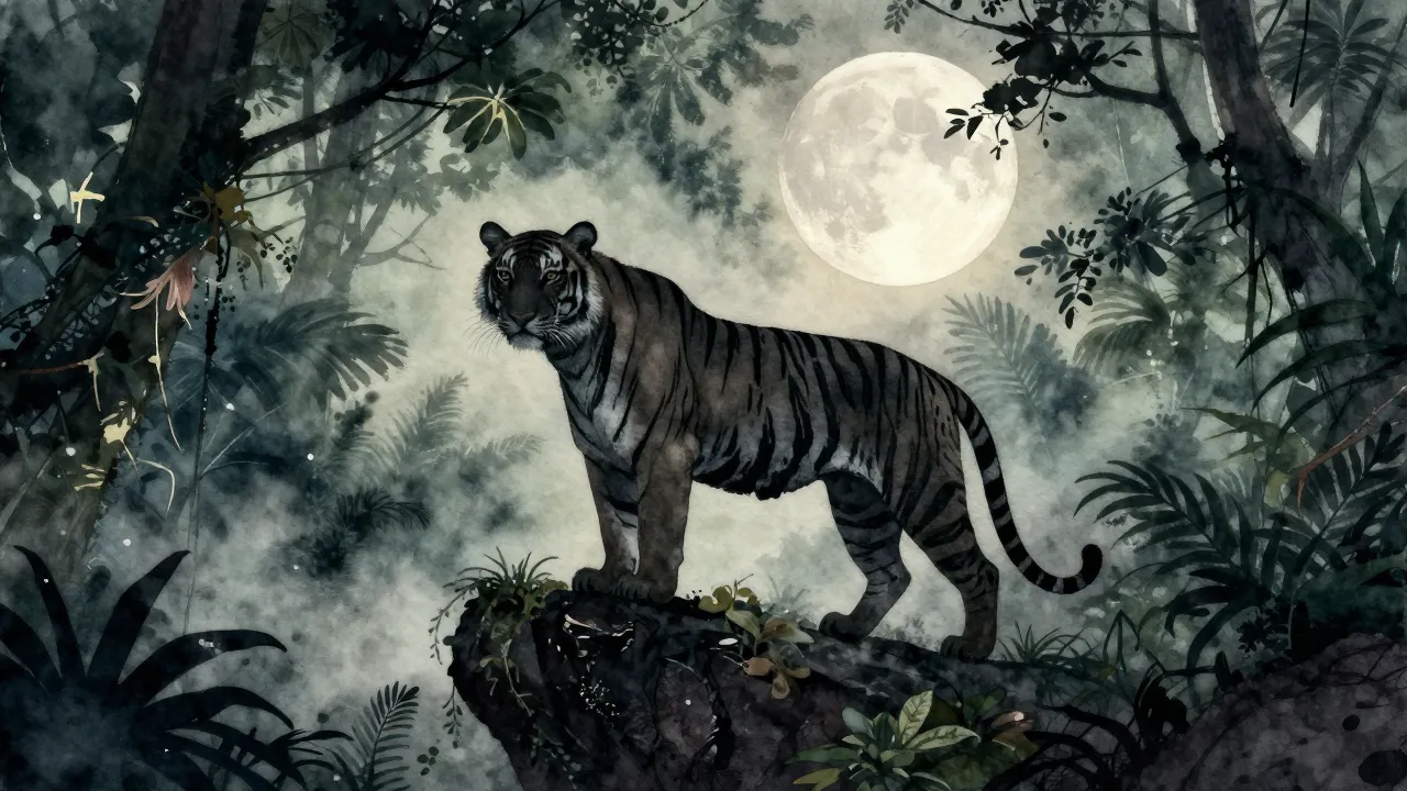 Watercolor style. A majestic tiger silhouette standing on a ...